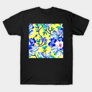 Blue flowers on yellow seamless pattern T-Shirt